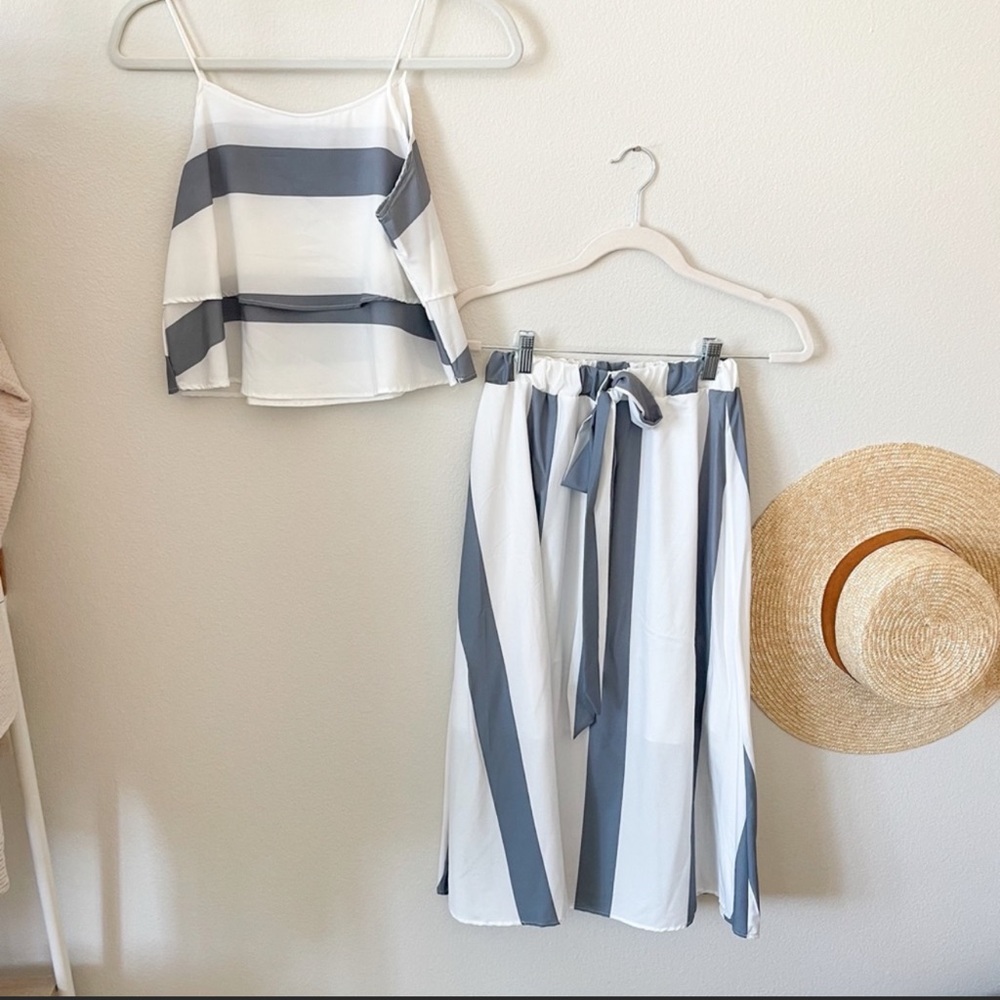 Two Piece Striped Crop Top Midi Skirt Set